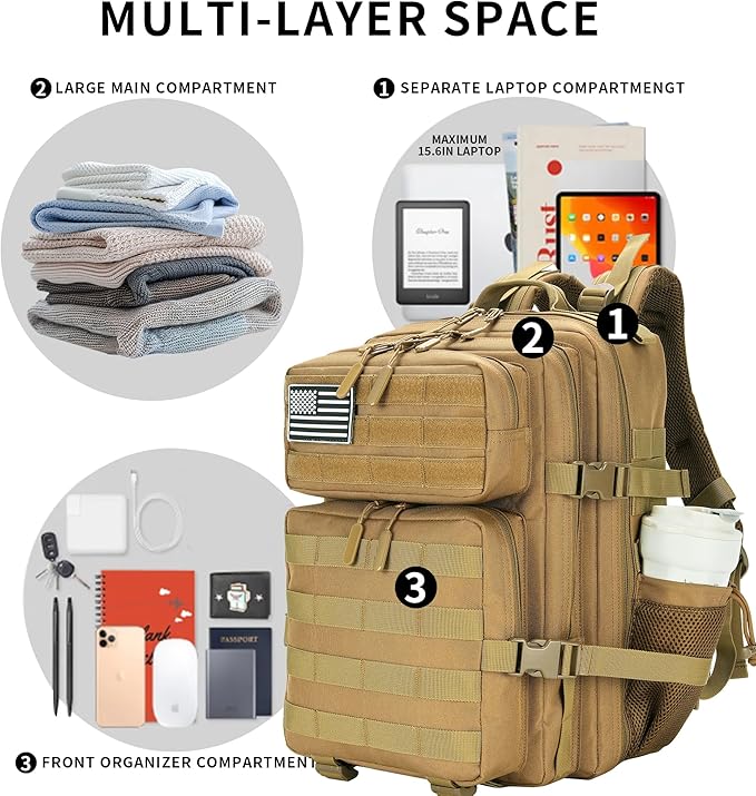 Lovelinks21 25L Military Tactical Backpack Small Assault Pack Molle Daypack for Men and Women for Work Travel Gym Outdoor Hiking Camping (Khaki)