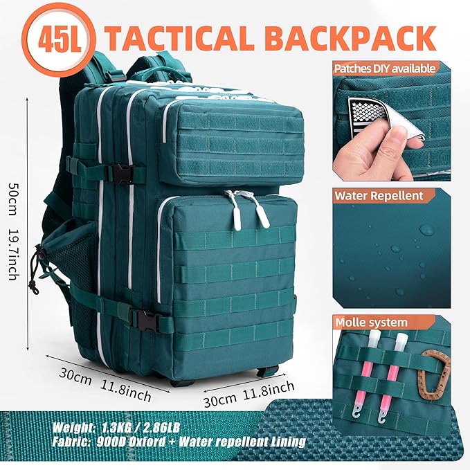 LUPU TACTICAL 45L Backpack for Men and Women 3 Days Assault Pack Outdoor Travel Hiking Camping Rucksack with Molle Webbing (Blacklish Green)