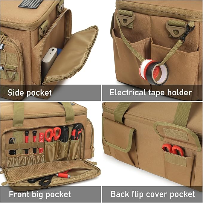 15-Inch Tool Bag Multi-purpose Tool Organizer Bag For Men with Shoulder Strap Tactical Range Bag Work Tote for Repairman Carpenters Handymen (Khaki)
