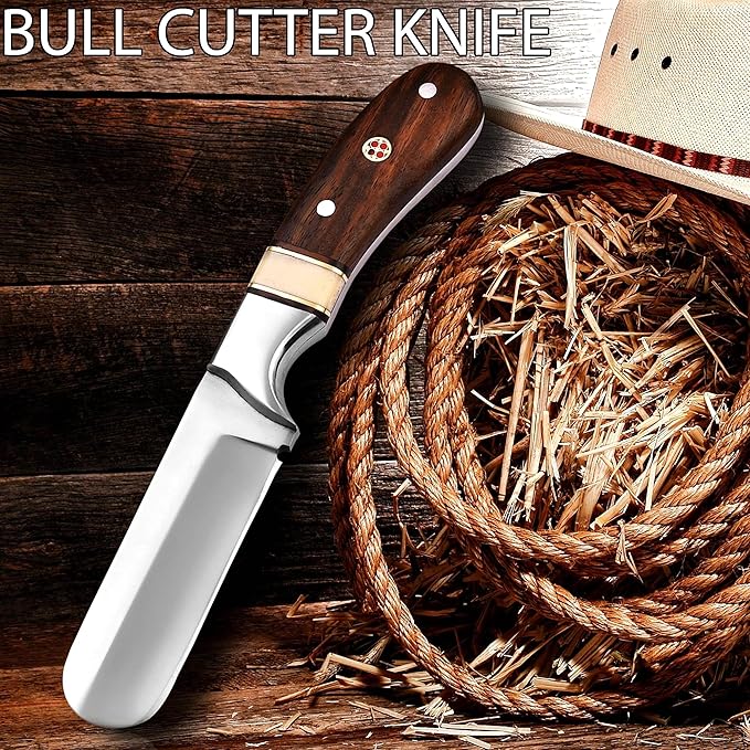 Handmade 1095 High Carbon Steel Bull Cutter Knife with Pancake Leather Sheath Fixed Blade Cowboy Knife with walnut wood/Bone Handle Utility Knife EDC Hunting knife (Walnut Wood)