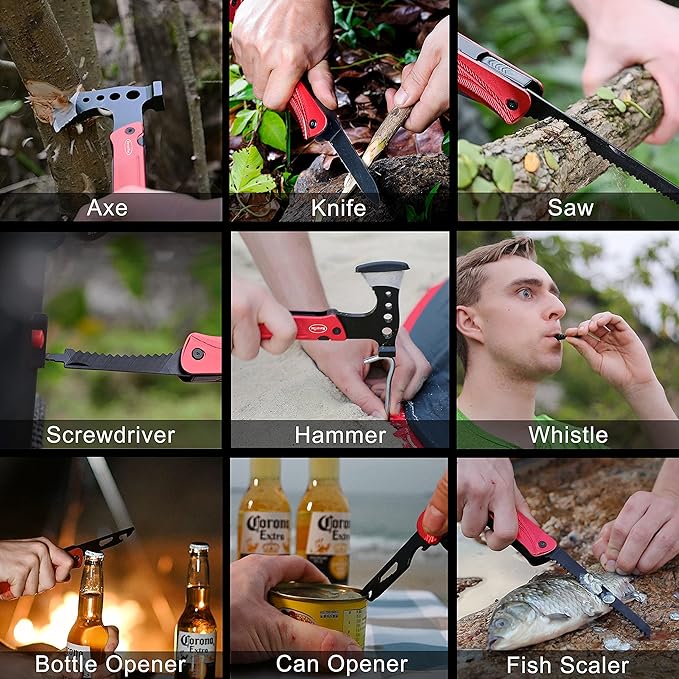 RoverTac Camping Hatchet Multitool Axe Survival Gear 14-in-1 Multi Tool Axe Hammer Knife Saw Bottle Opener Fire Starter Whistle Gifts for Men Dad Him Perfect for Camping Survival Hiking Fishing