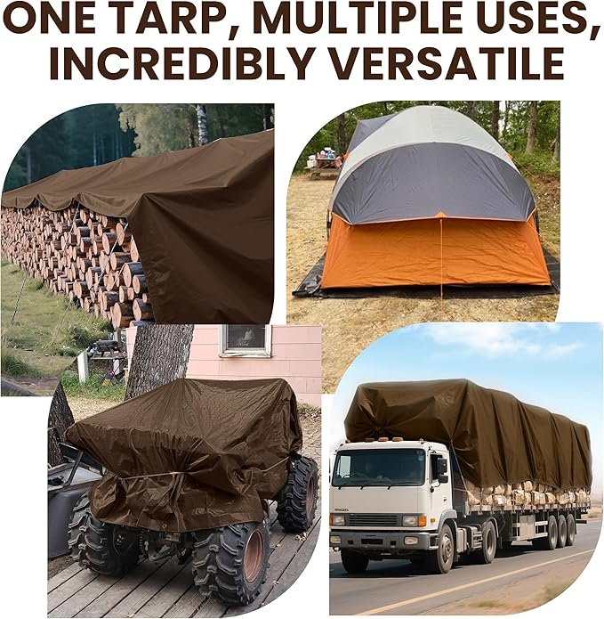 Outdoor Tarp Heavy Duty 9 Mil Multi-Purpose Waterproof Reinforced Rip-Stop Tarps with Grommets - 20 x 30 Feet Brown Sliver