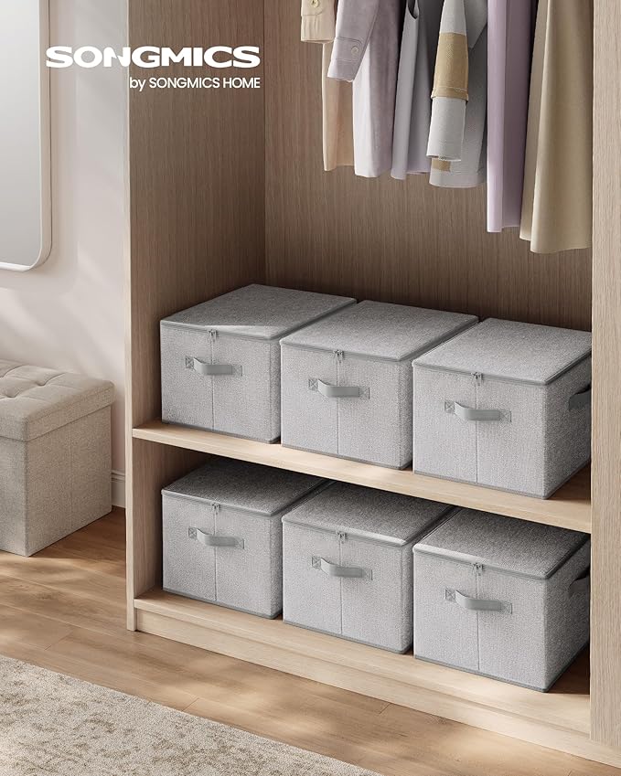 SONGMICS Foldable Storage Organizer Boxes Set of 3 Storage Basket Bins with Lids Handles Clothes Organizer 15.7 x 11.8 x 9.8 Inches Non-Woven Fabric Dove Gray URZB003W01