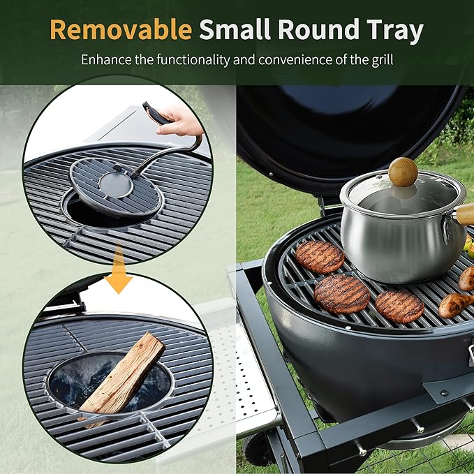 Brand-Man Charcoal Grill &amp Smoker Steel Kamado - 22 Cast Iron Grates Grilling Basket Large Prep Table Cart Ideal for Outdoor Cooking