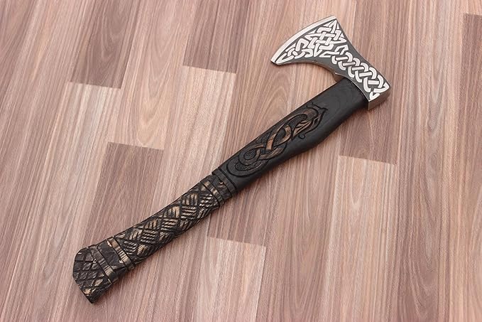 Handmade Wooden Axe with Intricate Carvings On Wooden Handle and Metal Head 19 inches The Axe Handle is When You Hold It