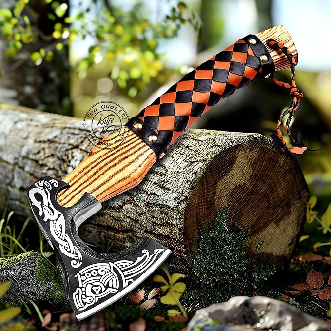 Hand-Forged Engraved Viking Axe Outdoor Camping Hunting Norse Hatchet Axe with Leather-Wrapped Handle &amp Sheath Great for Birthdays Gift Holidays Christmas or Weddings Gift (AXE-02)