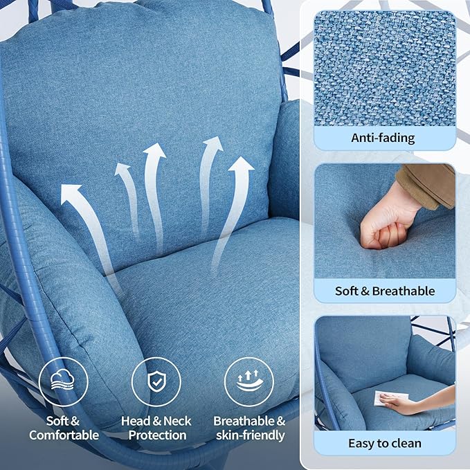 Hanging Egg Chair with Stand Outdoor Indoor Patio Rattan Swing Hammock Chairs with Washable Cushion 350lbs Capacity PE Wicker Swing Chair for Backyard Bedroom Garden (Blue + Blue Cushion)