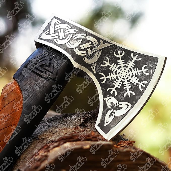 Custom Gift Forged Carbon Steel Viking Style Axe Bearded Axe with Rose Wood Shaft Tomahawk - Real Hatchet Best Gift for Anniversary Valentine's Day Birthday Premium Leather Sheath