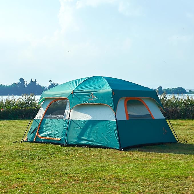 KTT Extra Large Tent 6-10-12-14 Person(A)Family Cabin Tents2 Rooms3 Doors and 3 Windows with MeshStraight WallWaterproofDouble LayerBig Tent for OutdoorPicnicCampingFamily Gathering