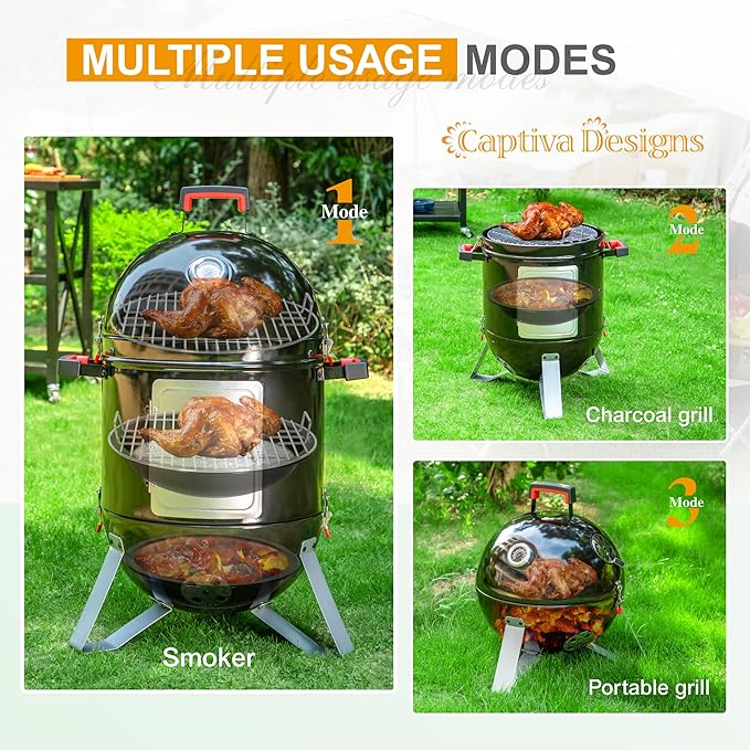 Captiva Designs 18-inch Vertical Charcoal Smoker Grill with Porcelain-Enameled Smoking Chamber Wood Mountain Smoker for Meat Turkey and BBQ with Built-in Thermometer