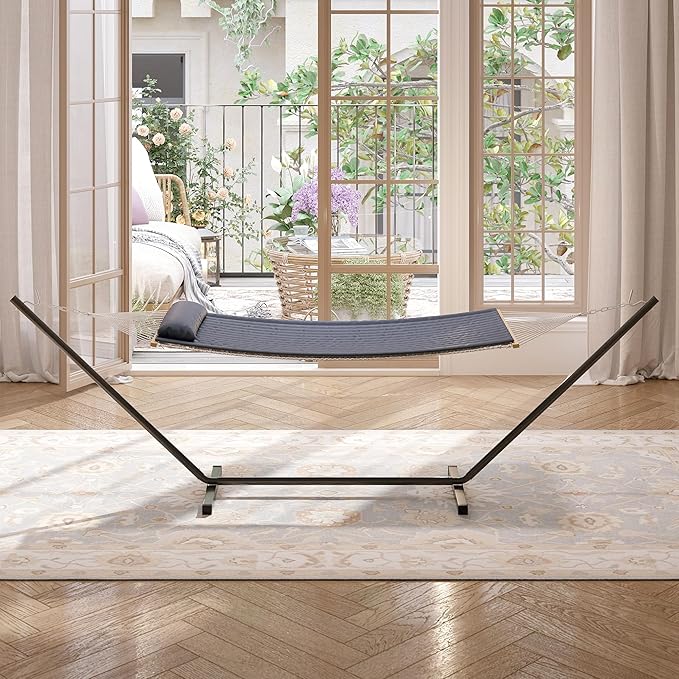 Hammock with Stand 2 Person Heavy Duty Hammock with Soft Pillow &amp Balance Ropes Stand Alone Hammock Portable Outdoor Hammock for PatioBeach Backyard(Grey