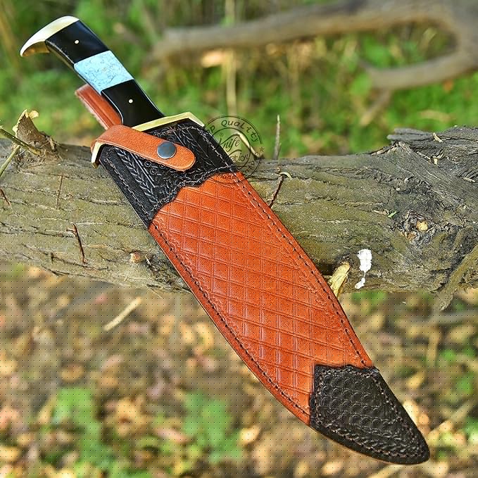 Damascus Steel Western Outlaw Bowie Hunting Knife Fixed Blade Survival &amp Hunting Knife Camping Bushcraft EDC - Gift for Men Premium Leather Sheath KKH-69
