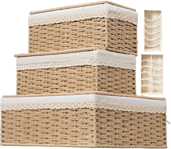 Nonam Large Basket with Lid set of 3 Rattan Divided Baskets Organizer for Shelf Natural Wicker Storage Basket Bins for Closet Boho Shelf Decor Covered Basket Home Storage Container