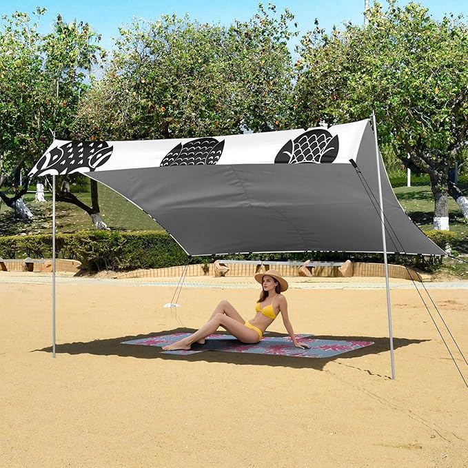 Owl Beach Canopy Sun Shelter with Sandbags &amp Sand Shovel &amp Windproof Ropes - Portable 110x126 Beach Shade Beach Tent for Camping Picnics