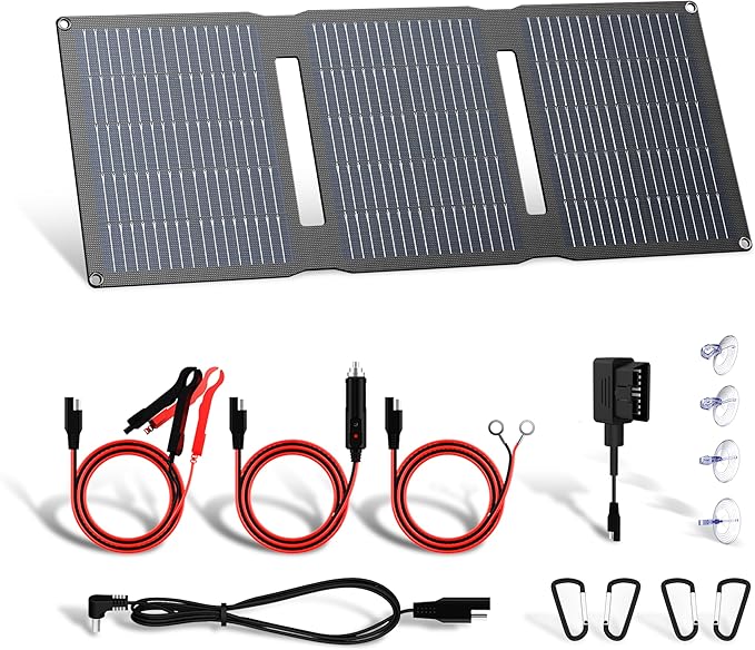 FlexSolar 28W 12V Portable Solar Panel Battery Charger Maintainer Kits Trickle Charger with Built-in Charge Controller Cig Plug Alligator Clips O-Rings OBDII Connector for Car TruckTractor Boat