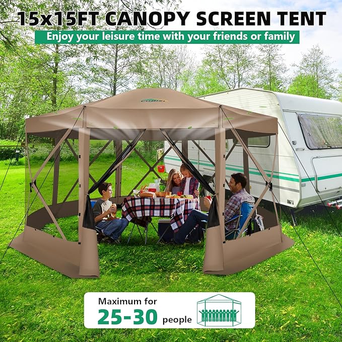 COBIZI 15x15FT Pop Up Gazebo Screen Tent Screen House for Camping Screen Room with Mosquito Netting Hub Tent Instant Screened Canopy with Carrying Bag and Ground Stakes Khaki(Upgraded)