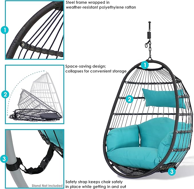 Sunnydaze Penelope Black Steel and Polyethylene Wicker Hanging Egg Chair with Turquoise Polyester Cushions - 45-Inch Tall