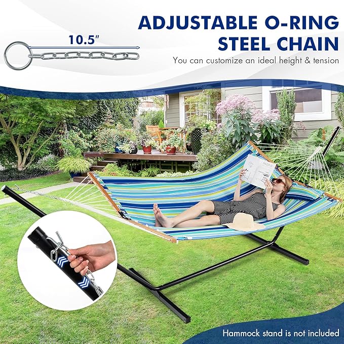 Goplus 10.5 FT Hammock Quilted 2 Person Hammock w/Detachable Pillow 330LBS Capacity Curved Hardwood Spreader BarQuick Dry Fabric Portable Paddled Hammock Swing for Patio Yard Porch Indoor Outdoor