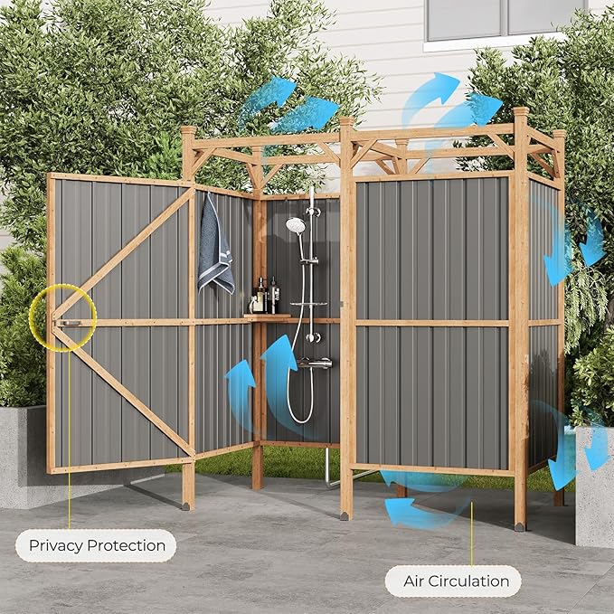 EROMMY Outdoor Shower Enclosure with Lockable Door Weatherproof Outdoor Shower Stall with Metal Panels Hooks &amp Shelves - Perfect for Pool Wash Station Backyard &amp Beach Rinse Area Large Vers