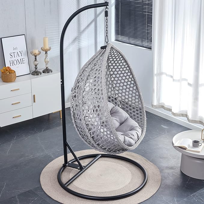 Hanging Egg Swing Chair with Stand Rattan Wicker Hanging Egg Chair Hammock Indoor with Cushions Swinging Chair for Bedroom Outdoor Patio Balcony Backyard Sunroom Heavy Duty 350LBS (Gray)