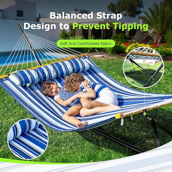 ANAGOO Double Hammock with Stand Heavy Duty Outdoor Hammock for Two 500 LBS Capacity Stable Steel Frame with Balance Strap Easy Tool-Free Assembly for Patio Garden Backyard &amp BeachBlue
