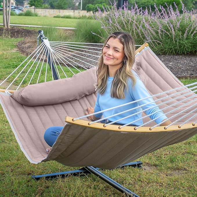 Double Hammock with 12 FT Stand 2 Person Curved Bar Hammock with Stand Pillow and Portable Carrying Bag Heavy Duty 450lbs Capacity Tan