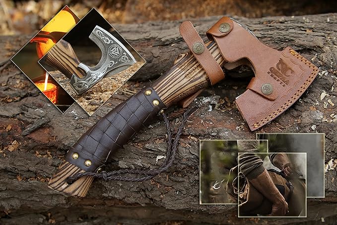 13” Inch Hand-Forged Viking Axe- Ash Wood Handle Hatchets and Axes with Leather Wrap Wood Splitting Axe Camping Axe Throwing Axes and Tomahawks - Gift for Him (Valknut)