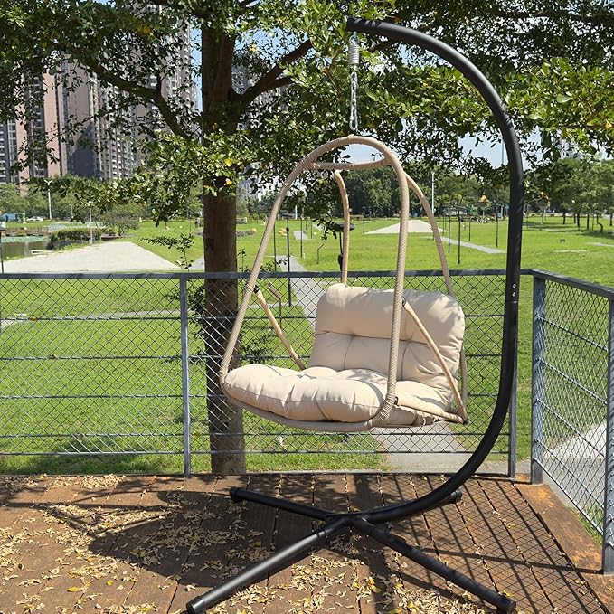 JESE Swing Egg Chair with Stand – UV Resistant Waterproof Cushion &amp Cup Holder Included Indoor/Outdoor Hanging Hammock Chair for Patio Bedroom Balcony Garden (Khaki)