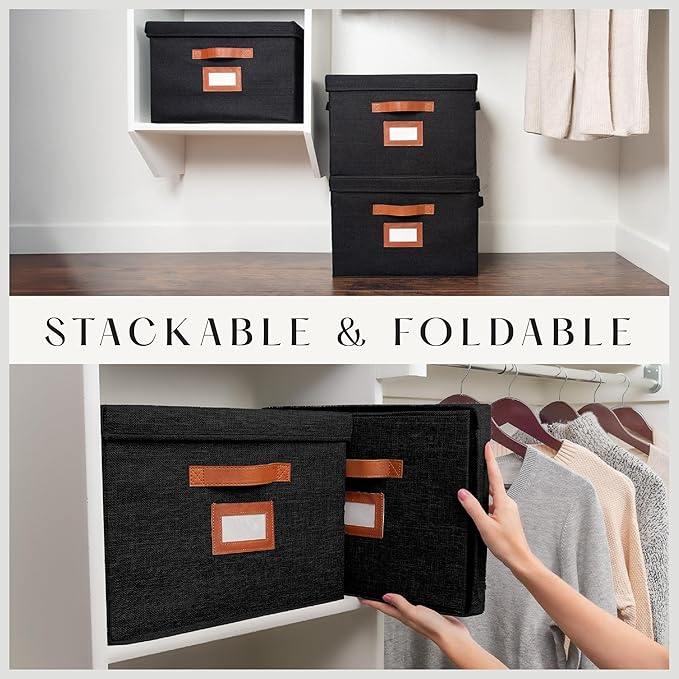 3 Pack Large Fabric Storage Boxes with Lids (15.75 x 11.25 x 11.25) - Decorative Bin with Lid Label Holder Faux Leather Handles - Large Storage Boxes for Organizing Clothes Blankets - Black
