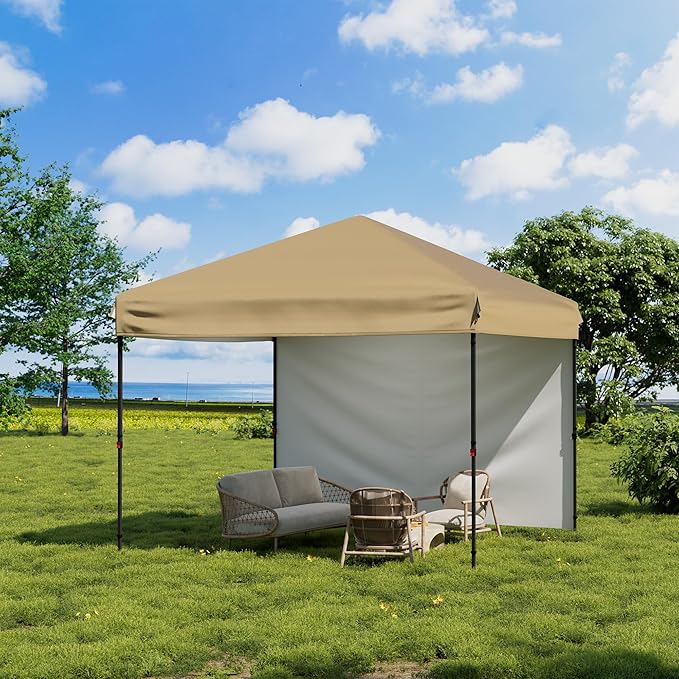 10 X 10ft Pop-Up Canopy Foldable Outdoor Sunshade Shelter One-Push Setup Tent for Events Parties Camping and Commercial Use. Instant Setup Tent Shelter with 1 Removable Sidewalls+ Khaki