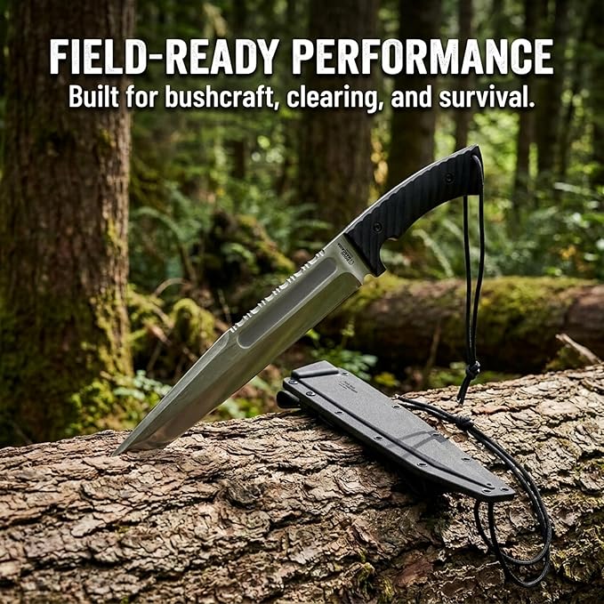 BATTLBOX BattlBolt Fixed Blade Outdoor Survival Knife Doug Marcaida Design 13in D2 Steel Blade FRN Handle Kydex Sheath - Bushcraft Camping Field Use