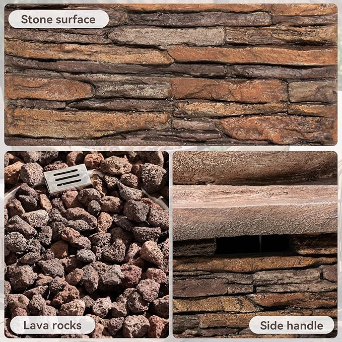 COSIEST Outdoor Propane Fire Pit Table w Faux Brown Compact Ledge Stone 20 Square Base and Faux Rose-Marble Round Bowl Certified 40000 BTU Free Lava Rocks Fits 20lb Tank Inside Raincover