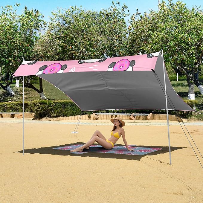 Panda Beach Canopy Sun Shelter with Sandbags &amp Sand Shovel &amp Windproof Ropes - Portable 110x126 Beach Shade Beach Tent for Camping Picnics