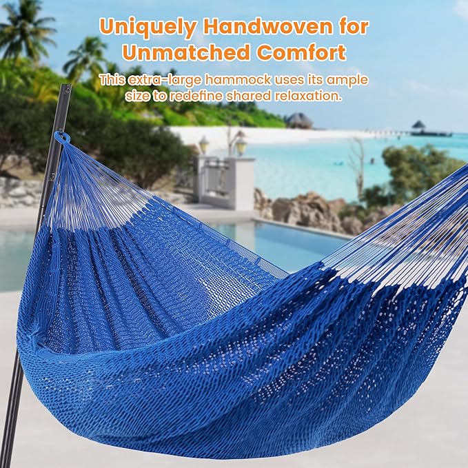 Lazy Daze Hammocks Handwoven Mayan Hammock 10.5 FT Soft Rope Double Hammocks Portable Outdoor Hammock with Carry Bag 2 Straps &amp Carabiners for Patio Outside 550 lbs Weight Capacity Blue