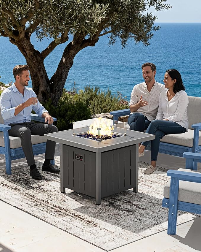 SERWALL 33 Outdoor Fire Pit Table 50000 BTU Square Propane Fire Pit Table with Lid Glass Rock &amp Glass Wind Guard HDPE Outdoor Furniture for Patio Garden Backyard Black