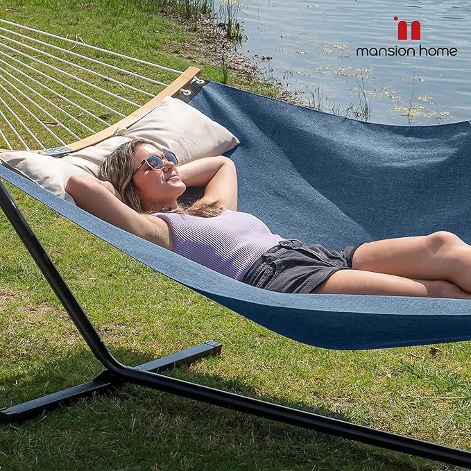 2 Person Hammock with Stand Included Quick Dry Hammock with Curved Spreader Bars for Outside Poolside 450 Lbs Capacity Dark Blue