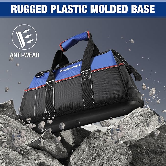 WORKPRO 16-inch Wide Mouth Tool Bag Heavy Duty Cloth Tool Storage Bag with Water Proof Molded Base Adjustable Shoulder Strap