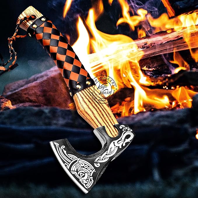 Hand-Forged Engraved Viking Axe Outdoor Camping Hunting Norse Hatchet Axe with Leather-Wrapped Handle &amp Sheath Great for Birthdays Gift Holidays Christmas or Weddings Gift (AXE-02)