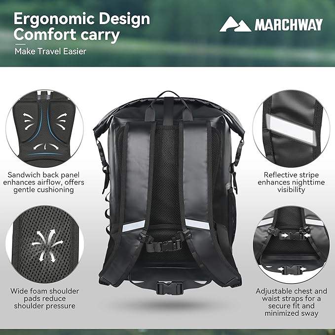MARCHWAY Roll Top Waterproof Backpack Floating Dry Bag 20L/30L/45L with Ergonomic Rectangular Base Cushioned Back Hip Strap for Hiking Camping Kayaking Travel (Black 20L)