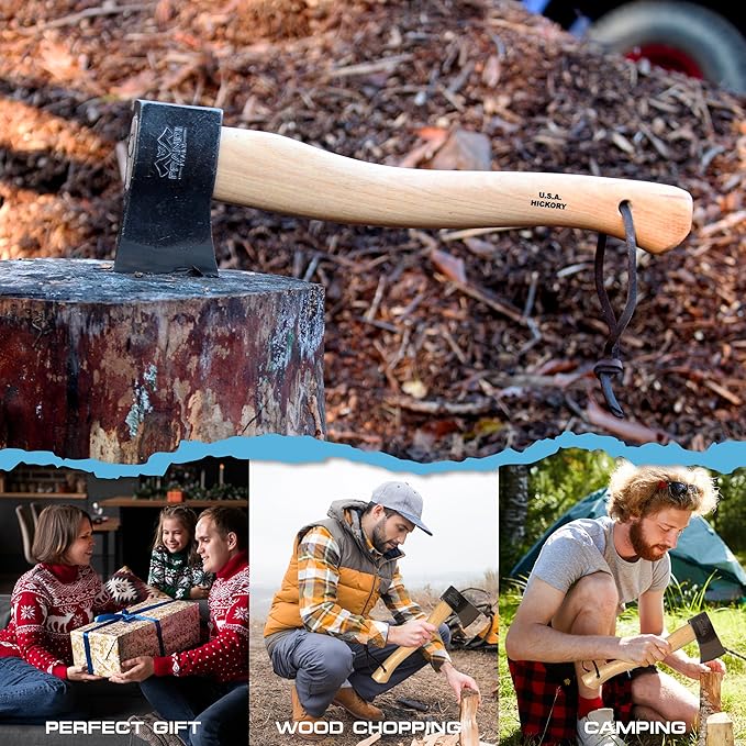 PRANDI Yankee Hatchet 1.32lb - Hickory Handle 14.97in with Leather String - Ideal for Camping and Bushcraft - Made in Italy