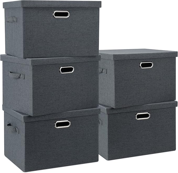 Graciadeco Large 17 36 Quart Collapsible Stackable Storage Bins with Lids 5 Packs Dark Gray Foldable Fabric Closet Storage Boxes with Lids Heavy-duty Linen Cube Baskets(17 x 12 x 11)