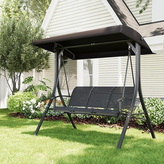 3-Seat Patio Swing Chair with Adjustable Canopy - Heavy-Duty Outdoor Porch Swing for Adults with Breathable Textilene Armrests Seat- Perfect for Backyard Poolside &amp Garden Relaxation Black