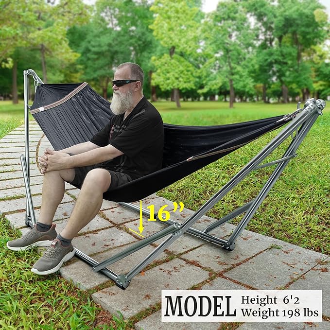 Tranquillo Adjustable Hammock Stand Collapsible Camping Hammock and Stand 650 lbs Capacity Deluxe Double Hammock Stand for 2 Persons Portable Everywhere Easy Assembly Non-Slip and Noise-Free Black