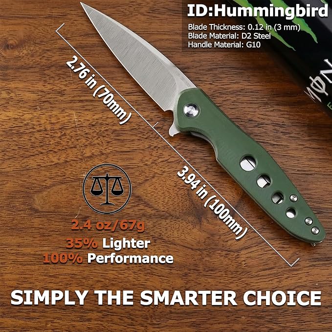 Hummingbird Lightweight Pocket Knife Symbol of Luck &amp PrecisionD2 Steel Folding Blade with Military Green G10 Handle Lightweight Everyday Carry Knife for Husband Dad Unique EDC Gift with Pre