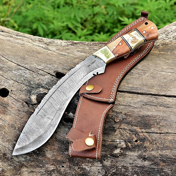 MR. CRAFT Custom Handmade Traditional Kukri Damascus Steel Fixed Blade Knife With Sheath Full Tang Heavy Duty Camping Knives - Gifts for Men (Kow Wood and Stag Horn)