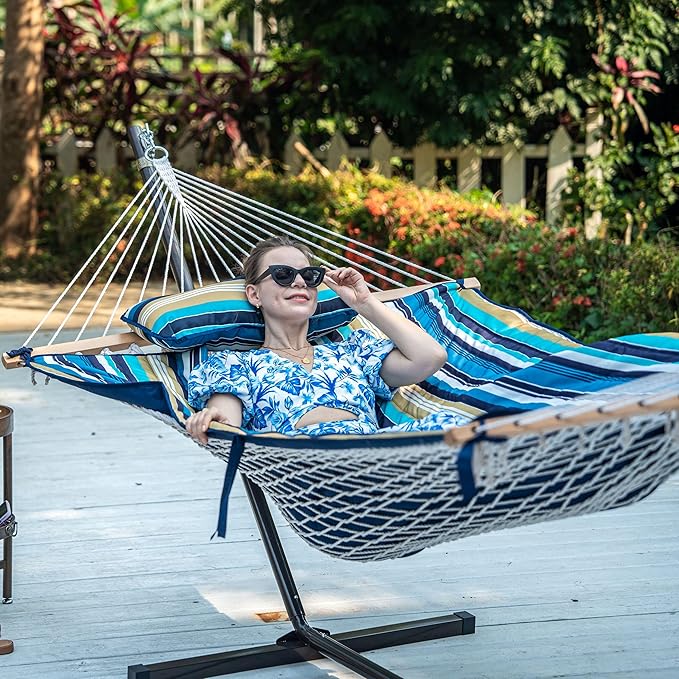 Lazy Daze Hammocks 2 Person Portable Hammock with 12FT Stand Double Hand Woven Cotton Rope Hammock with Detachable Quilted Pad &amp Pillow for Outside 450lb Capacity Beach Stripes