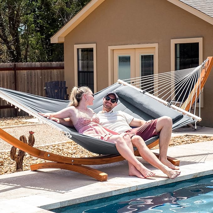 SUNCREAT Hammocks Double Hammock with Wooden Stand Included Outdoor Hammocks for Outside 475 lbs Capacity Dark Gray