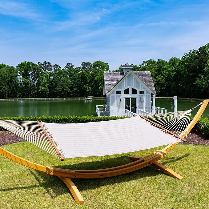 Hatteras Hammocks Large Cast Ash Sunbrella Quilted Hammock – 13 ft. x 55 in. 2-Person 450 lb Capacity Cumaru Spreader Bar Zinc-Plated Hardware – Handcrafted in The USA