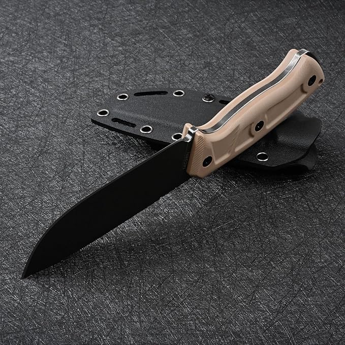 Knives 14C28N Steel Tactical Fixed Blade Knife with kydex sheath G10 Handle for Men EDC Outdoor Camping Survival Hunting (Black stone wash+khaki G10)