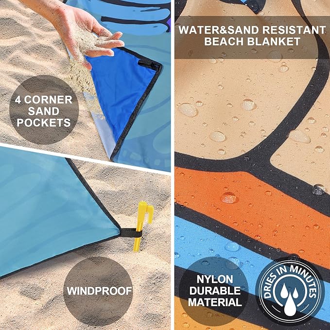 Beach Blanket Waterproof Sandproof Beach Mat 79 X 83/10'x9'for 2-8 Adults Quick Drying Outdoor Picnic Mat Beach Accessories for Travel Camping Hiking